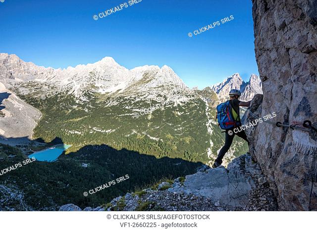 Sorapiss, Dolomites, Veneto, Italy. Climber on the via ferrata Vandelli