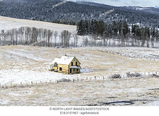Canada, BC, Bridesville. Old yellow farmhouse in snowy field in winter