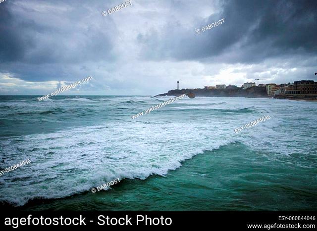 Seaside and beach of the city of Biarritz during a storm. panoramic landscape