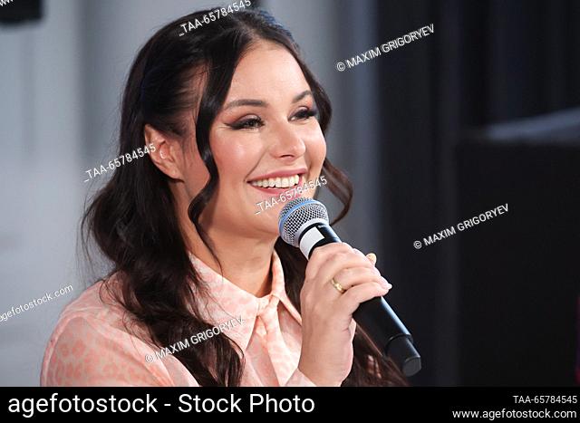 RUSSIA, MOSCOW - DECEMBER 15, 2023: TV host Oksana Fyodorova speaks during a ceremony to cancel postage stamps marking 60 years since the launch of Good Night