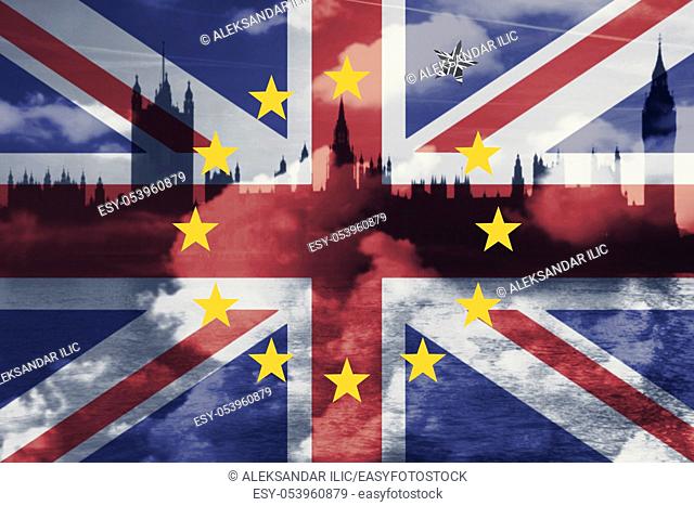 Brexit Concept. Great Britain Departing European Uniun. EU and UK Flag Against London City Background