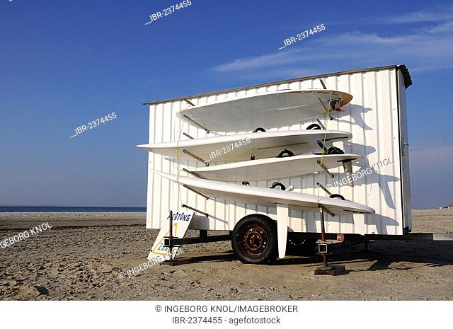 Cart with surfboards, North Sea, Amrum, Schleswig-Holstein, Germany, Europe