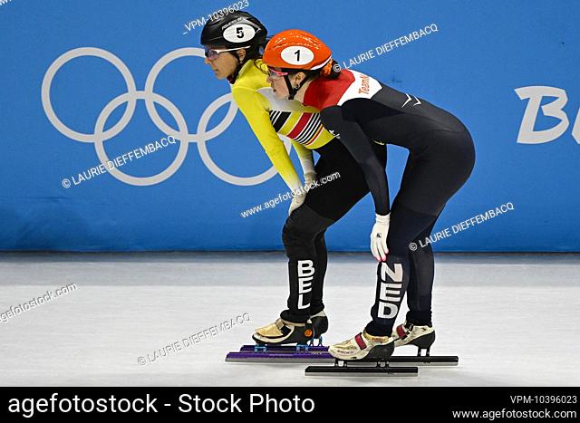 Dutch Suzanne Schulting and Belgian shorttrack skater Hanne Desmet pictured in action during the quarter finals of the women's 1500m Short Track speed skating...