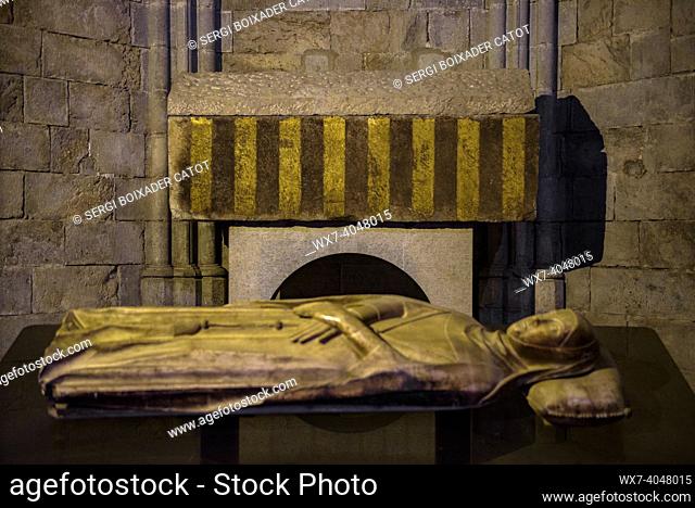 Tomb of Ermessenda of Carcassona inside the Cathedral of Girona. It is the oldest sample of the origin of the ""Senyera Reial""
