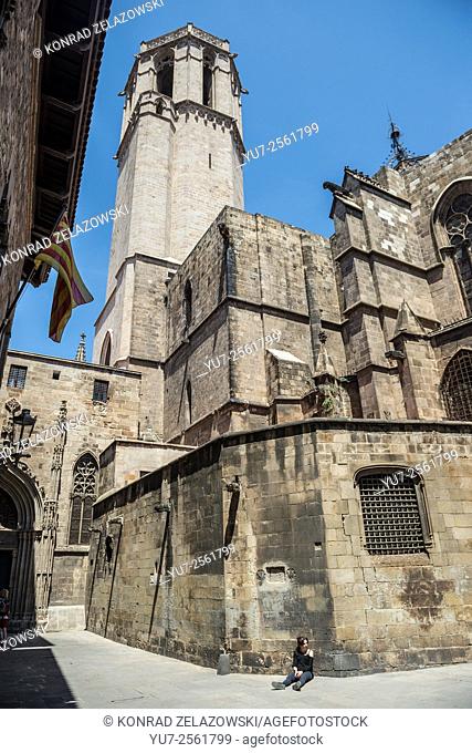 bell tower of Gothic Cathedral of the Holy Cross and Saint Eulalia called Barcelona Cathedral, Barcelona, Spain