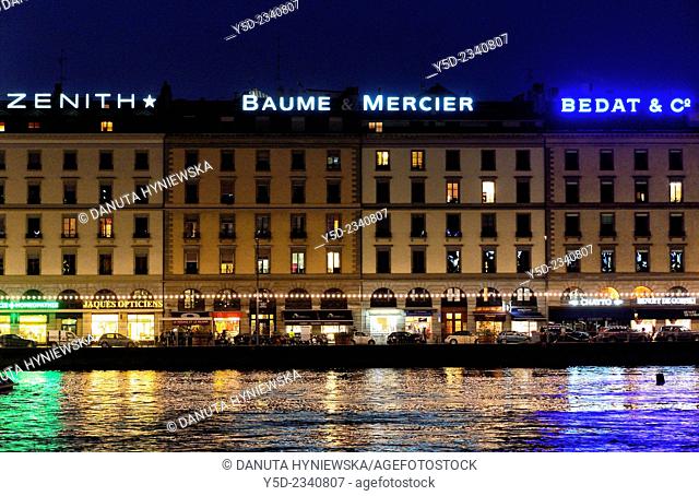Rhone river and downtown of Geneva by night, Switzerland