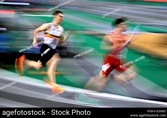 The Belgian Tornados team pictured in action during the men's 4x400m relay final at the 37th edition of the European Athletics Indoor Championships, in Istanbul