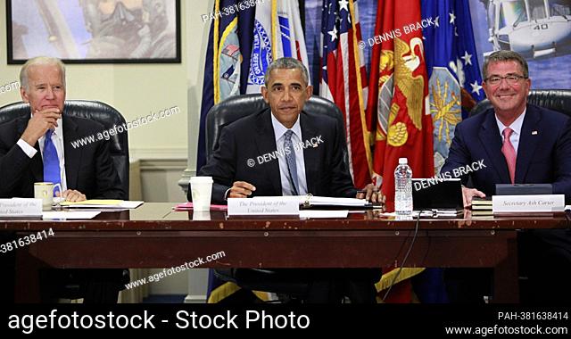 United States President Barack Obama chairs a meeting at the Pentagon of the National Security Council and receives an update from his national security team on...