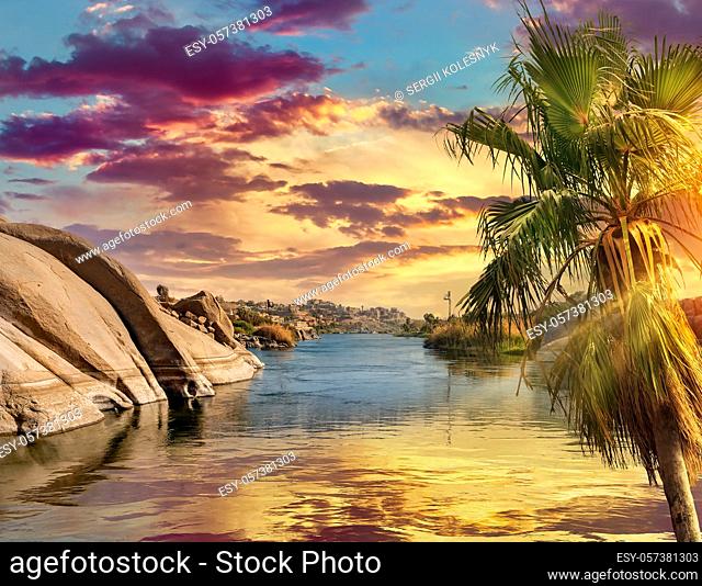 Sunset landscape in Aswan on river Nile, Egypt