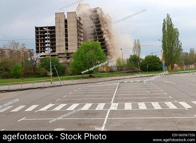 Sofia, Bulgaria - April 24, 2020: A 17-storey building from the 1980s, an unfinished Communist-era building was demolished in central Sofia, Bulgaria