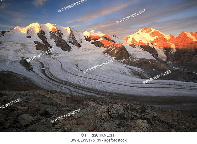 view from Diavolezza on Piz Palue, Bellavista, Piz Bernina, Pers Glacier Vadret Pers at dawn, Switzerland, Graubuenden, Engadine, Bernina-Diavolezza