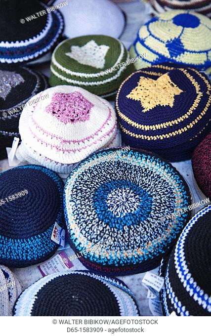 Israel, Tel Aviv, Nahalat Binyamin Crafts Market, Jewish yarmulke hats