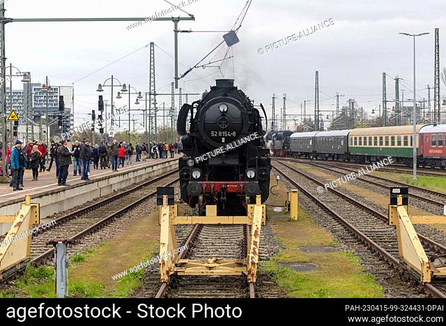 15 April 2023, Saxony, Dresden: Locomotive 528154-8 stands on a track outside the station building and has been driven there for the 15th Dresden Steam...