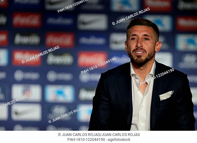 Madrid Spain; 05/07 / 2019.- Hector Herrera, new player of Atlético de Madrid. The Mexican player from Benfica de Portugal is presented at the Press Conference...