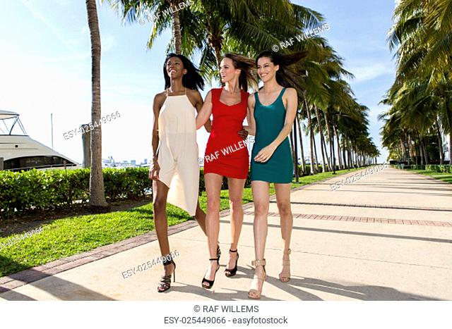 Three women walking, on a warm sunny summer day. Marina with palm trees