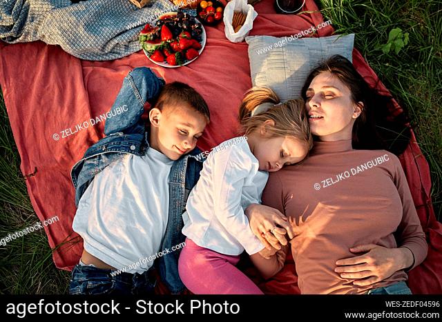 Mother and children sleeping on picnic blanket