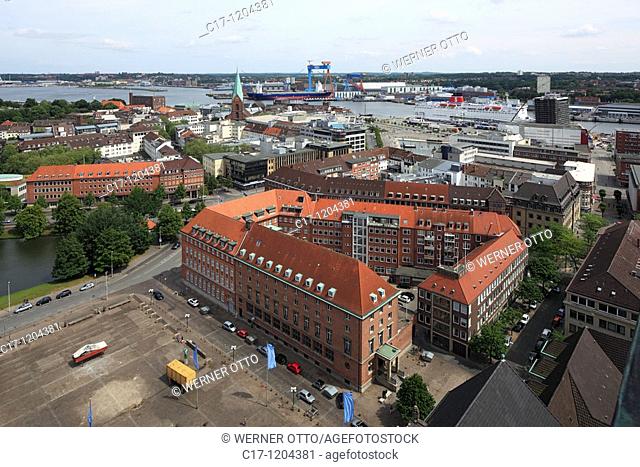 Germany, Kiel, Kiel Fjord, Baltic Sea, Schleswig-Holstein, panoramic view, ahead city hall square and Ahlmann House, Ahlmann Bank, behind Kiel castle