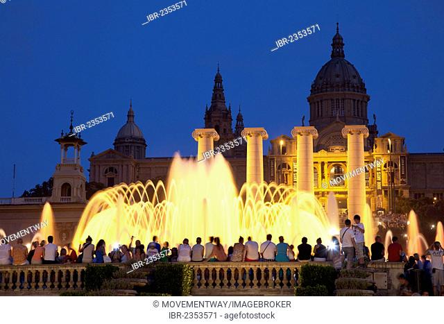 The Magic Fountain of Montjuic, Font Magica, Museu Nacional d'Art de Catalunya, National Art Museum of Catalonia, Barcelona, Catalonia, Spain, Europe