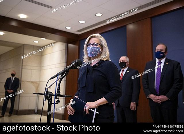 United States Representative Liz Cheney (Republican of Wyoming), left, offers remarks while joined for a press conference by United States House Minority Whip...