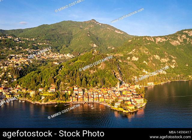 Aerial view of the town of Varenna, Lake Como, at sunset in summer. Varenna, Lecco district, Lombardy, Italy, Europe