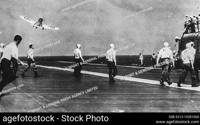 Of to Battle From The Flight Deck Of Carrier ""Lexington"". -- Aircraft of the U.S.S. Carrier ""Lexington"" swoop down on the flight deck