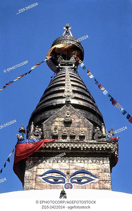 Swayambhunath stupa. View of the top, showing Harmika and Chattras. Nepal
