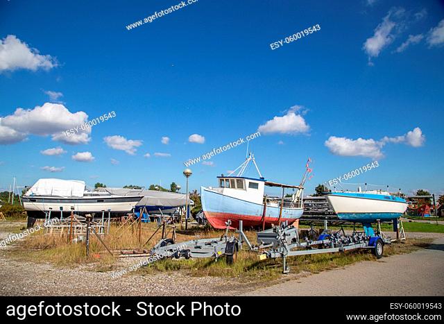 Brondy, Denmark - September 21, 2016: Small boats in a dry dock at Brondby yacht harbour