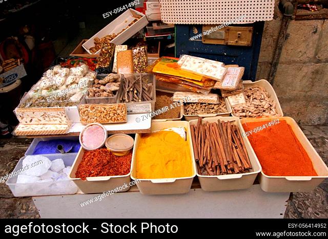 Spices at a market in the souq of the Muslim Quarter of Jerusalem, IL
