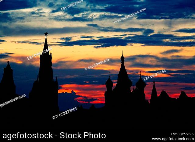Gorgeous sunset on Moscow historical center Red Square and Kremlin tower silhouette in Russian capital