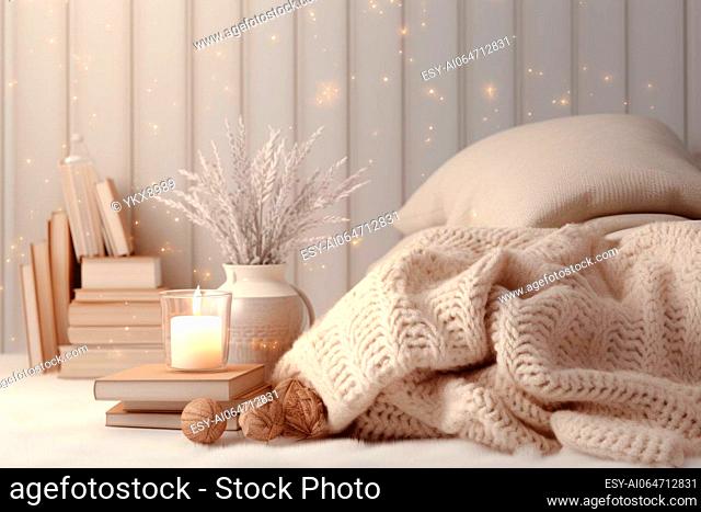 Cozy winter bedroom mockup with warm blankets, books, and snowflake decor