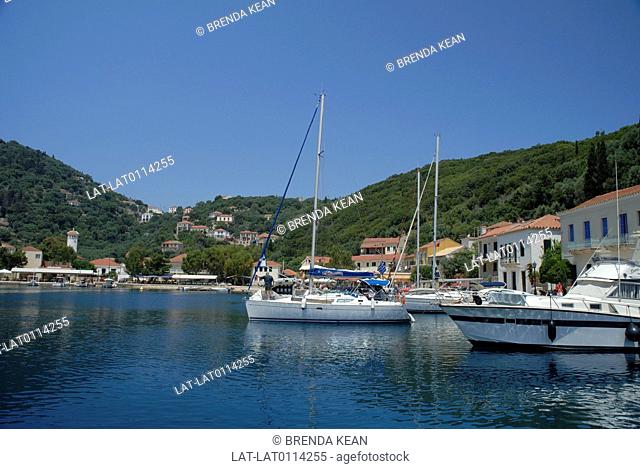 Kioni is a village and holiday resort with sheltered mooring for yachts and cruising boats. It is in the Ionian island group