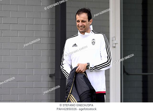 Juventus' coach Massimiliano Allegri attends a training session on the eve of the UEFA Champions League football match between Juventus F.C
