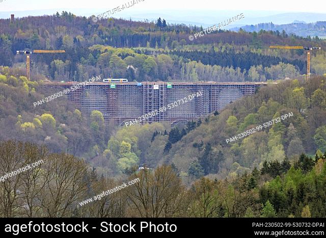 02 May 2023, Saxony, Jocketa: View of the more than 150-year-old Elstertal Bridge in the Vogtland region. The renovation of the little sister of the Göltzschtal...