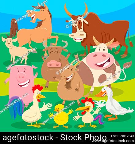 Cartoon illustration of cheerful farm animal characters group in the countryside