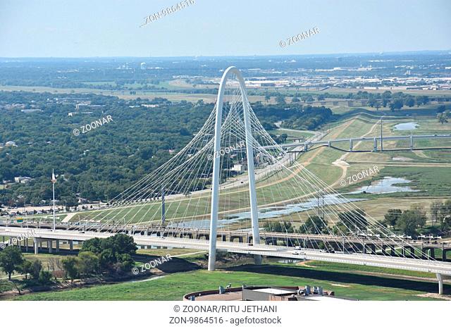 View of Margaret Hunt Hill Bridge from the Reunion Tower Observation Deck in Dallas, Texas