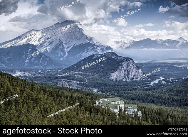 View from Sulphur Mountain of the town of Banff and its surroundings area with Cascade Mountain towering above in the distance