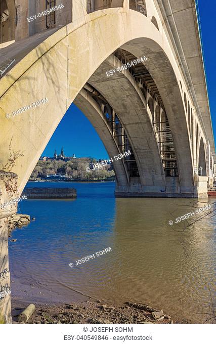 APRIL 08, 2018 - WASHINGTON D.C. - Key Bridge and Georgetown in background is seen on the Potomac River, Washington D.C