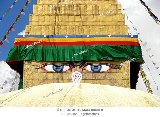 UNESCO World Heritage Site, Tibetan Buddhism, architecture, Bodhnath Stupa, Boudhanath, Boudha, two eyes looking down, pair of eyes, Kathmandu, Nepal, Himalaya