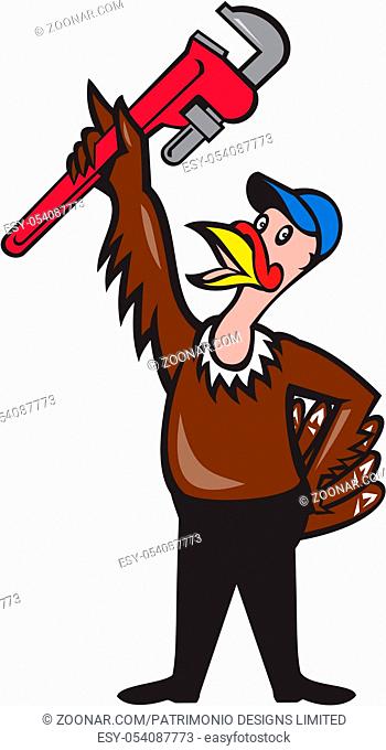 Illustration of a turkey plumber standing looking up raising monkey adjustable wrench set on isolated white background done in cartoon style
