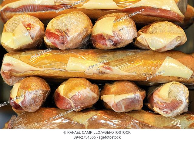 Sandwiches for sale. La Boqueria market. Barcelona, Catalonia, Spain