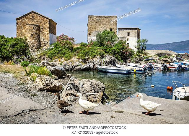 The old customs house and church at Kardamiyli harbour, in the outer Mani, Southern Peloponnese, Greece