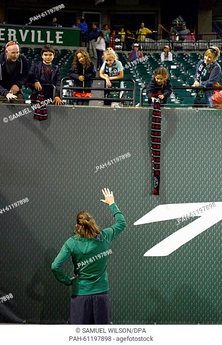 Portland Thorns goalkeeper Nadine Angerer waves at fans after her last home match of the season of the Portland Thorns against the Washington Spirit of the...