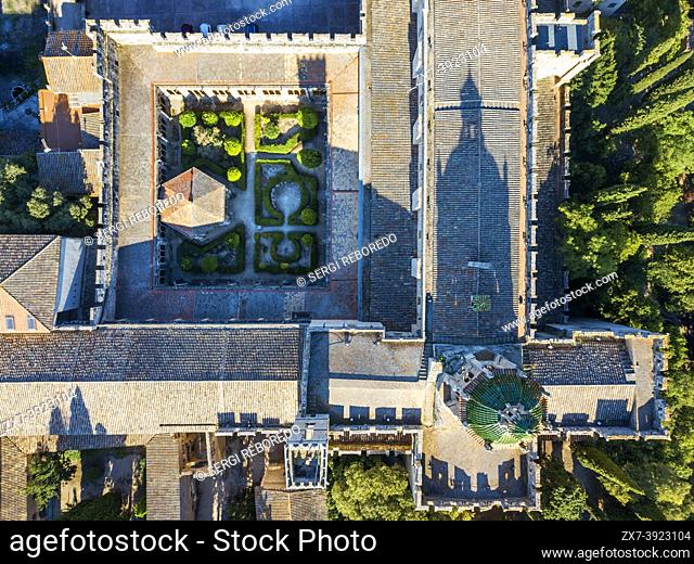 Aerial view of Cloister of Monestir de Santa Maria de Santes Creus, Cistercian abbey, monastery, church, Santes Creus, Aiguamurcia Tarragona, Catalonia, Spain