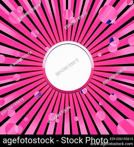Pink round glitter frame with sunrays, sparkles and sunbeams and white blank place for text, vector illustration