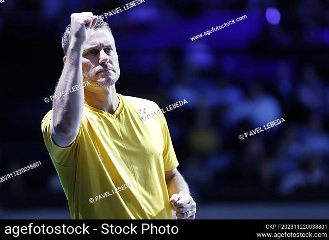 Australian non-playing captain Lleyton Hewitt reacts during the final group match of the men's Davis Cup 2023 World Tennis Championship against Australia