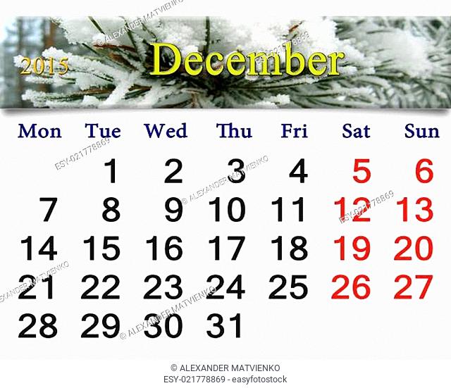 calendar for December of 2015 with pine