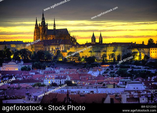 View of Hradcany, Prague Castle and St. Vitus Cathedral from the Old Town Hall, Prague, Bohemia, Czech Republic, Europe