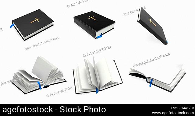 Realistic christianity Holy Bible set. Collection of realism style drawn antique book with description jesus christ son of god life