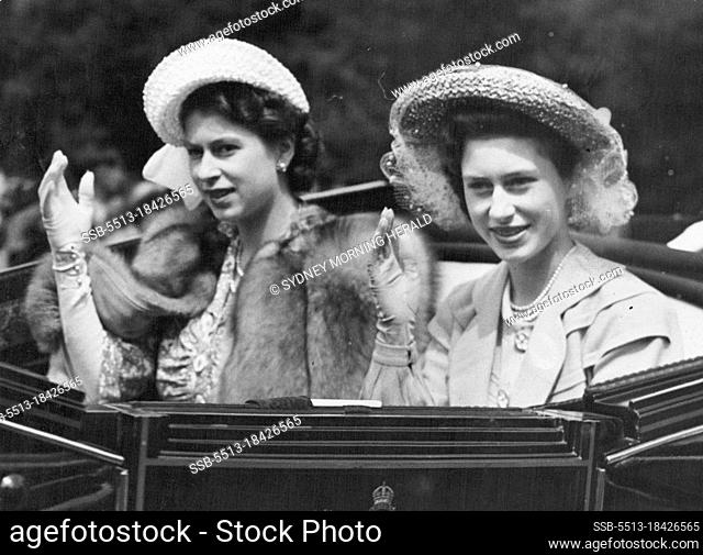 Royal Greeting at Royal Ascot : Princess Elizabeth (left) and her sister, Princess Margaret, waving a greeting to racegoers as they arrive at Ascot racecourse...