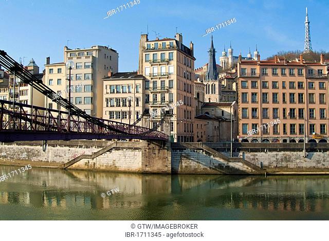 Old Lyon from the Saone quay, Sint Vincent footbridge, Lyon, France, Europe